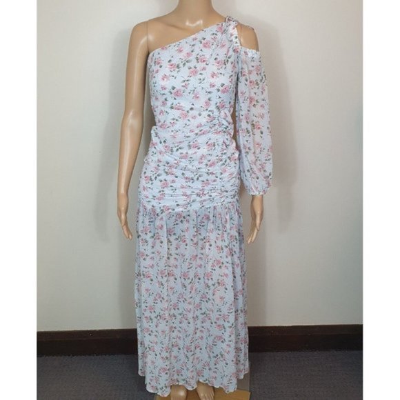 HELLO MOLLY floral maxi Dress Sze 6 blue One Shoulder front slit Ruffle Cocktail - Picture 1 of 8